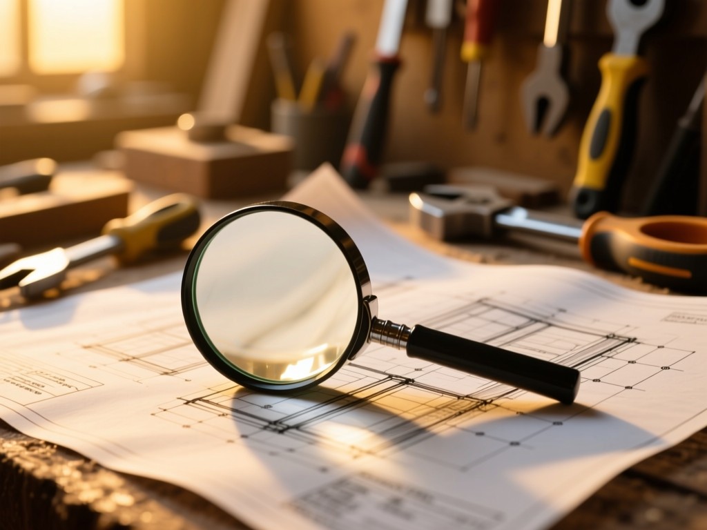 Magnifying glass resting on a blueprint sketch. Soft focus on workshop tools in golden hour background. No people.