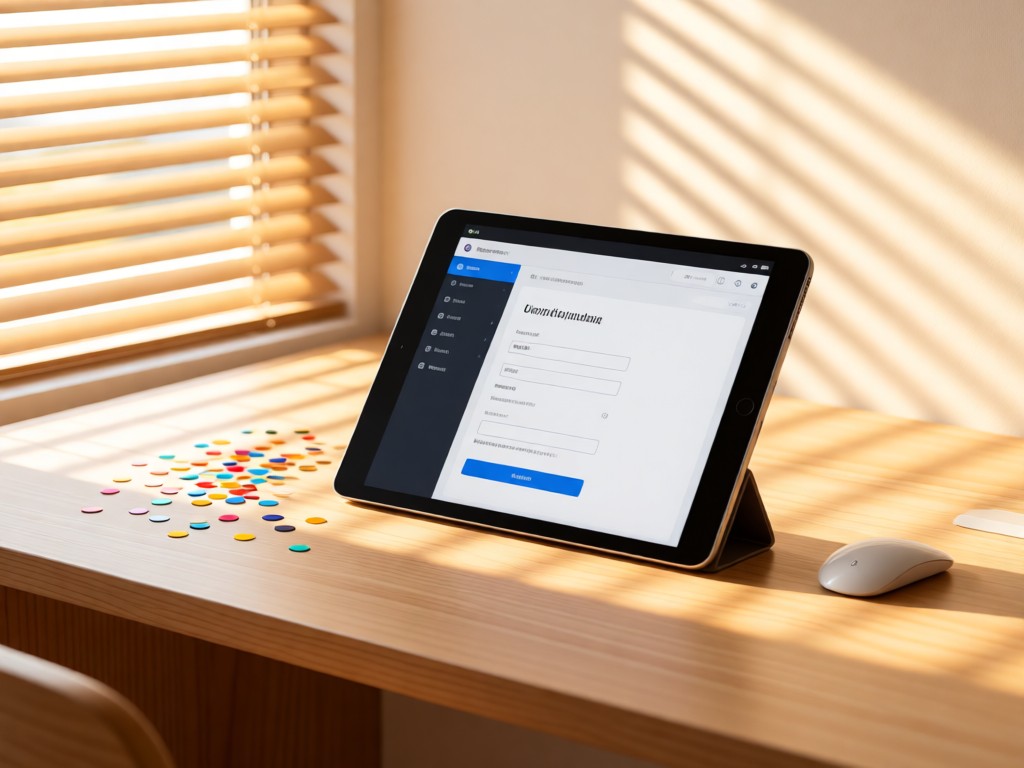Minimalist desk with tablet showing product upload interface. Confetti sprinkled nearby. Warm sunlight through blinds. Clean composition. No people.