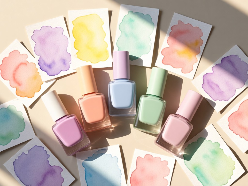 Flat lay of five polish bottles in a cohesive pastel palette beside matching watercolor swatches. Warm sunlight creates soft shadows. No people.