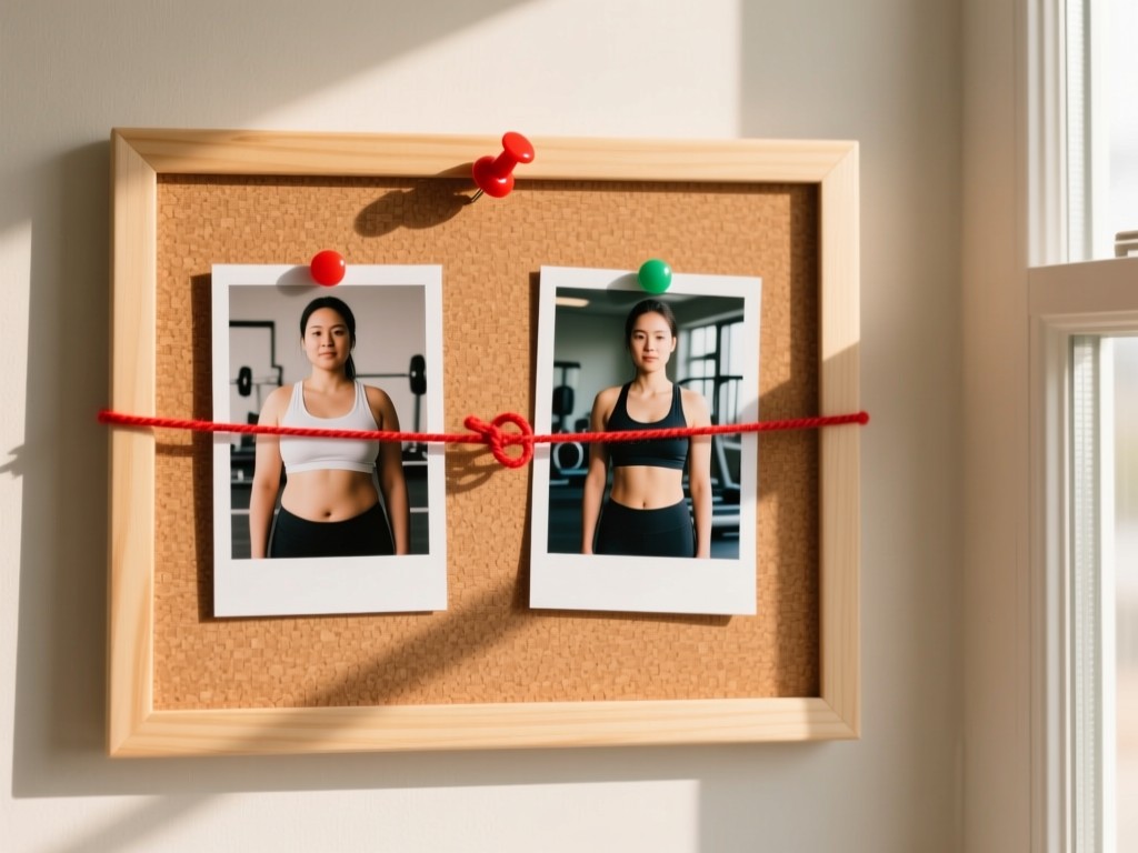 A neatly arranged fitness progress collage on a corkboard: two simple before/after photos connected by a red string pin. Natural light from a nearby window creates warm highlights. Clean background. No people.