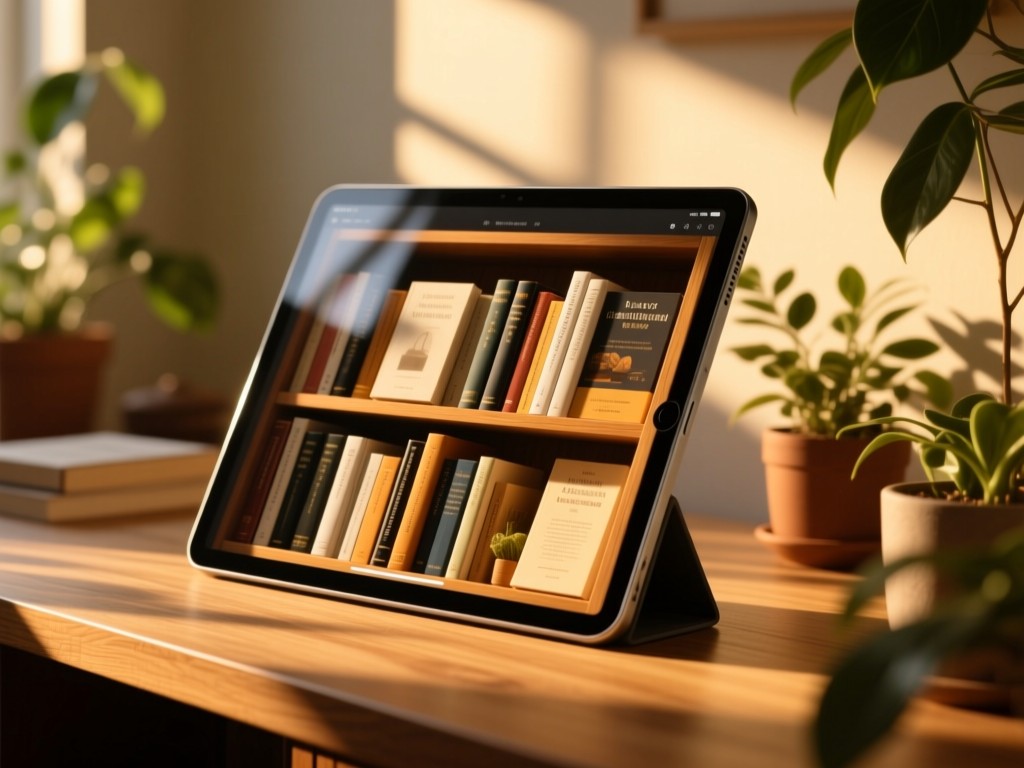 A curated digital bookshelf on a tablet during golden hour, warm sunlight highlighting book covers, soft shadows on a wooden desk, plants nearby, shallow depth of field, no text visible.