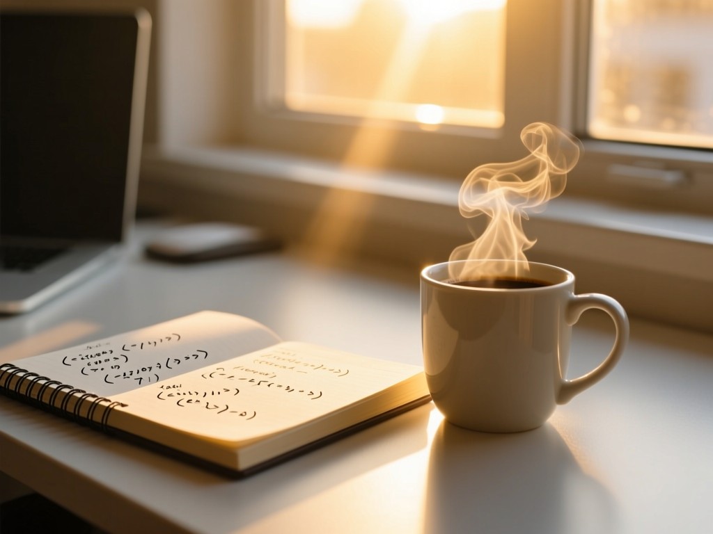 Notebook with code sketches beside a steaming mug at golden hour, sunlight streaming through window onto clean desk, soft focus on coffee steam, no visible text.
