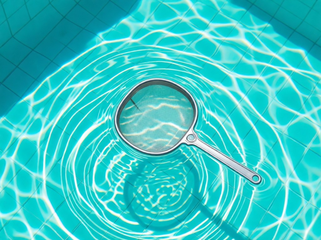 Overhead shot of a perfectly balanced pool skimmer floating in turquoise water. Sunlight creates diamond patterns on pool floor. Minimalist composition symbolizing precision and clarity. No people.