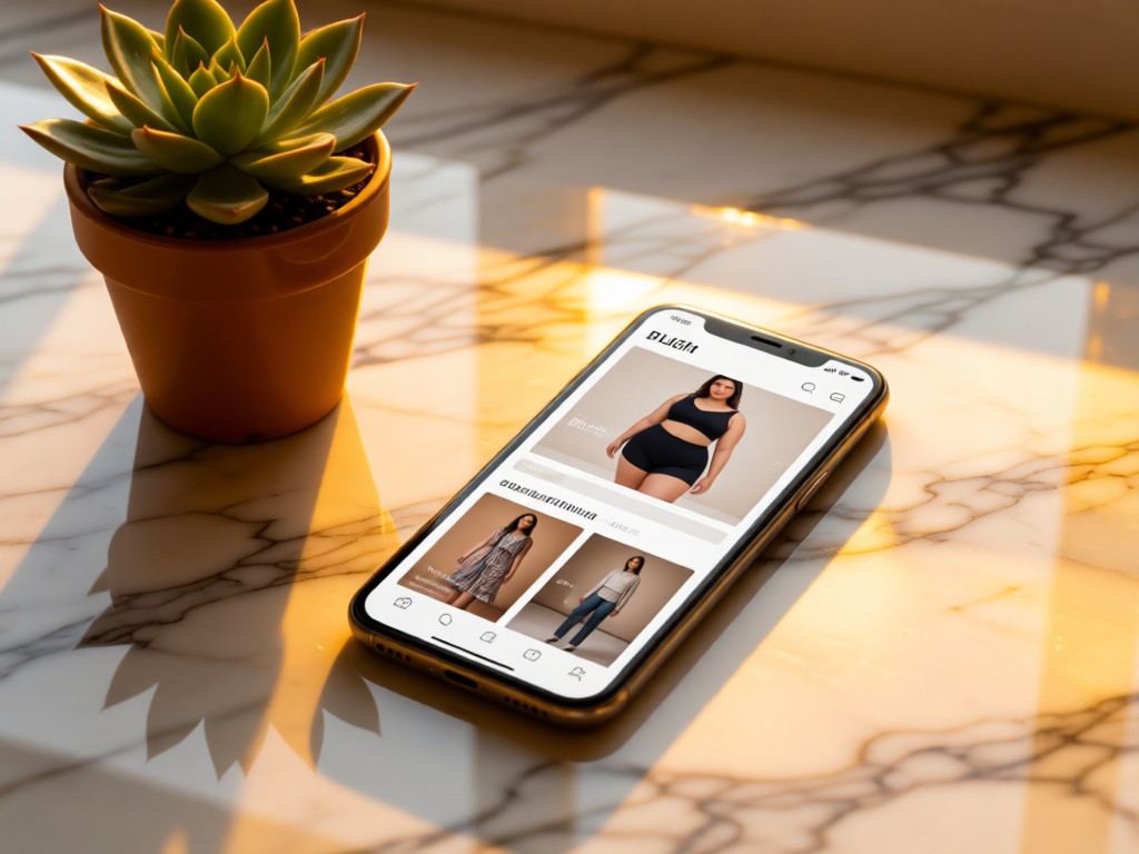 A smartphone displaying a plus-size fashion site beside a potted succulent on a marble surface. Golden hour illumination creates soft reflections. Clean composition with breathing space. No people.