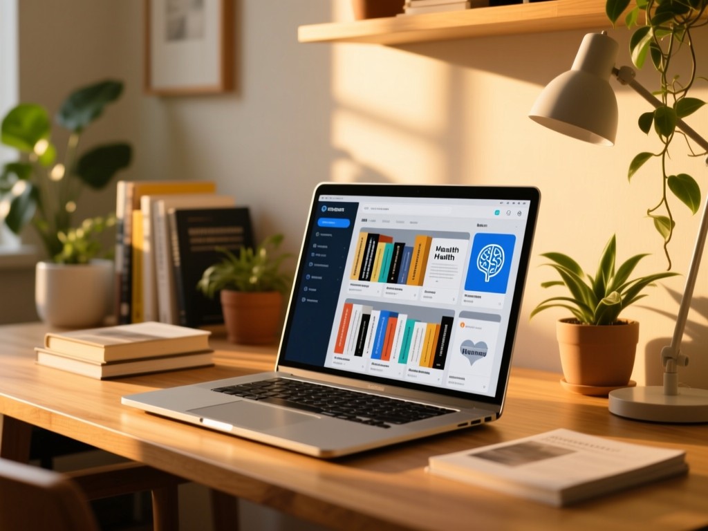 Open laptop showing organized digital library of mental health resources on a wooden desk during golden hour, soft sunlight highlighting books and plants nearby, minimalist workspace, natural lighting.