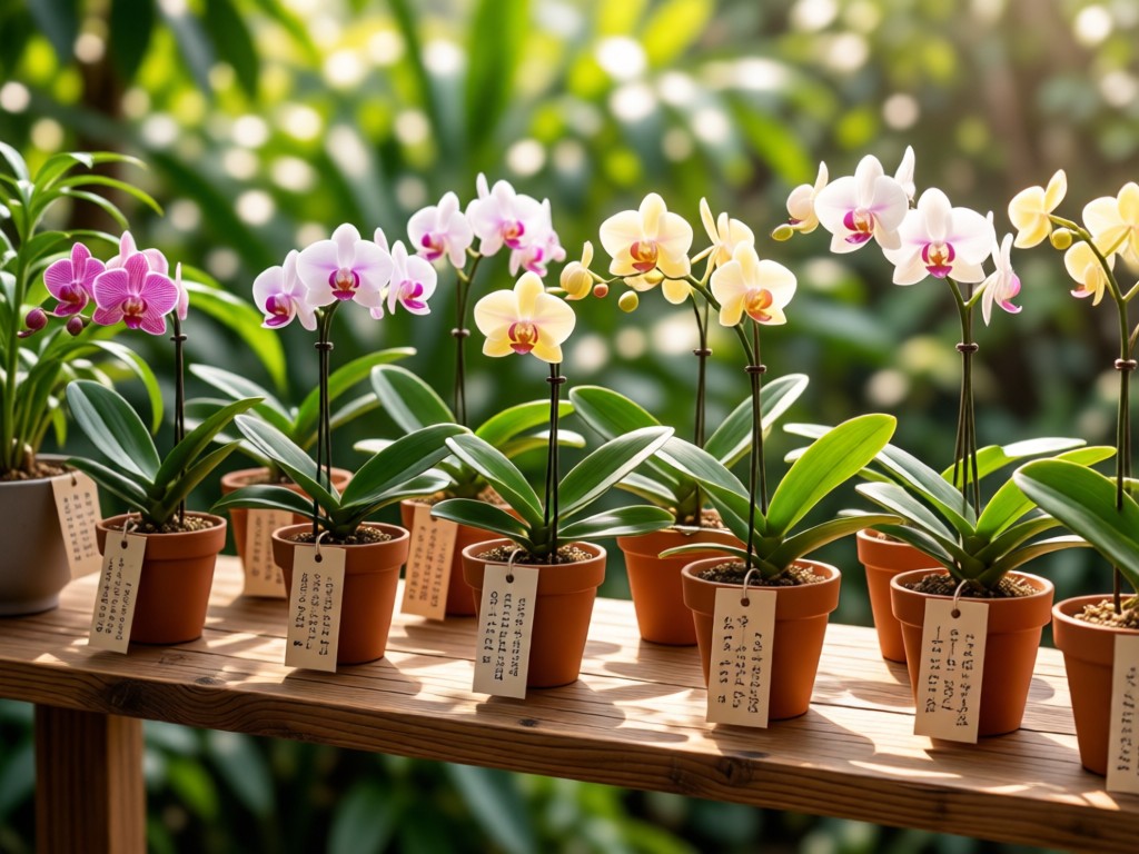 A curated collection of orchid pots on a sunlit wooden shelf, each tagged with handwritten care cards. Soft focus on background foliage. Warm natural lighting. No people.