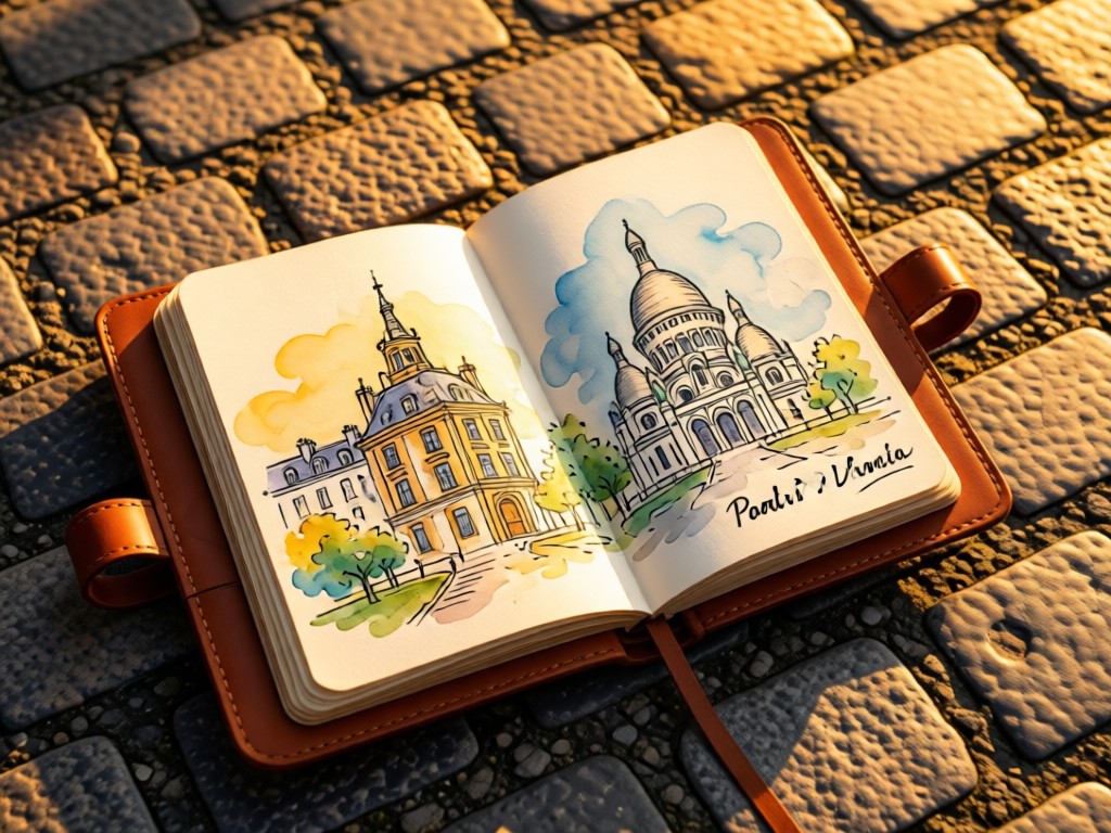 Aerial view of leather travel journal open on cobblestones. Shows sketched Paris landmarks with watercolor accents. Golden hour light in Montmartre. No people.