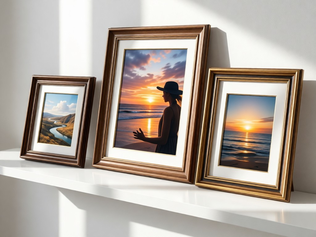 Three elegant picture frames displaying different photography styles on a clean white shelf. Soft natural lighting. No people.