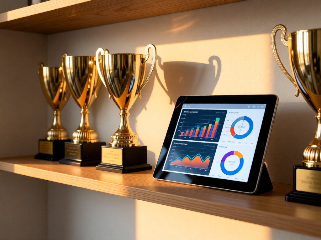 A minimalist shelf displaying athletic trophies and a clean digital tablet showing performance charts. Soft morning light creates warm reflections on metallic surfaces. No people.