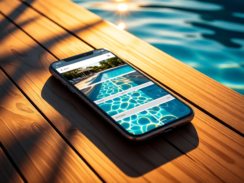 A smartphone displaying a pool design portfolio resting on a teak pool deck. Sunset light casts long shadows across wooden texture. Water reflections dance on the phone screen. No people.