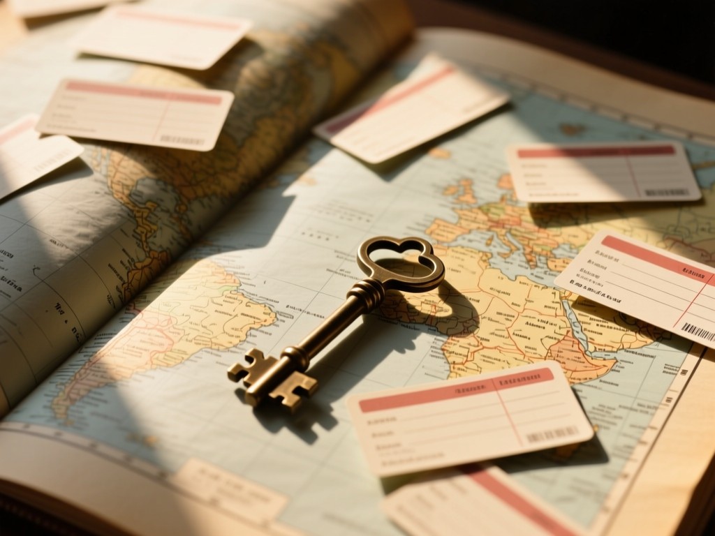 Aerial view of a vintage key resting on an open map, surrounded by scattered booking cards. Warm afternoon light creates long shadows across textured paper surfaces. No people.