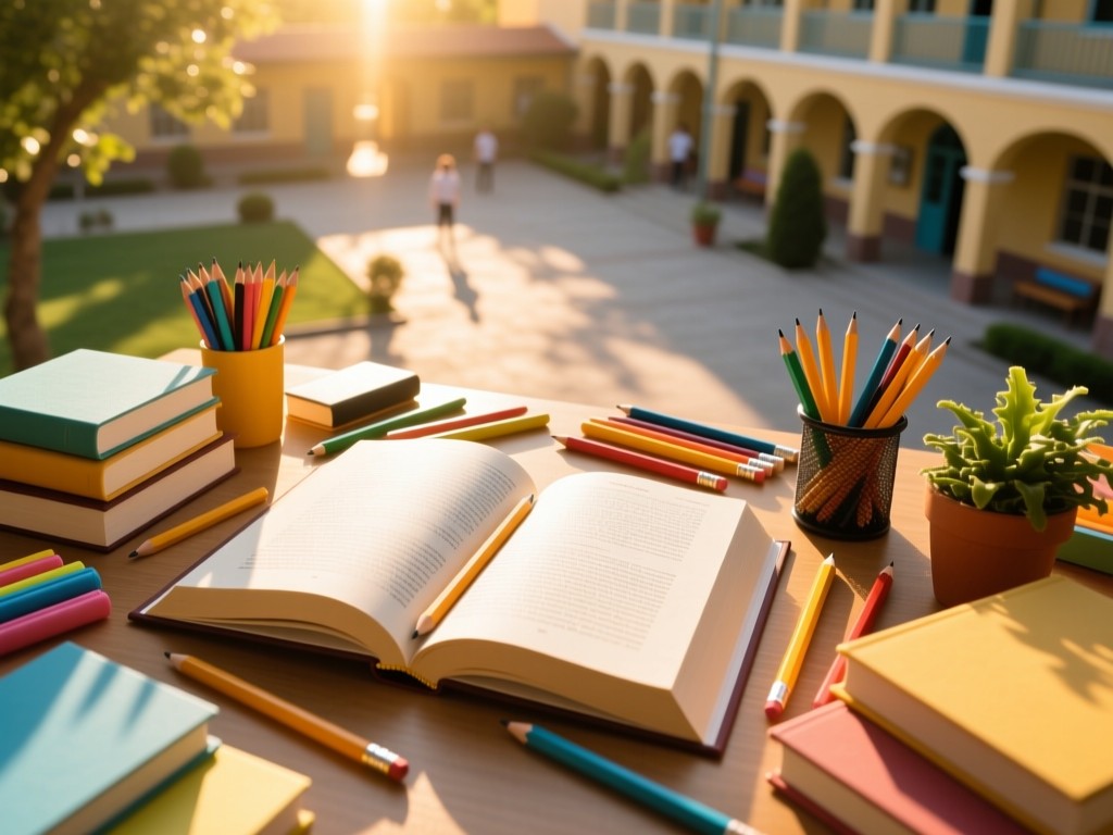 An aerial view of an open textbook surrounded by fresh school supplies in a sunlit courtyard. Golden hour light highlights the crisp pages and pencils. The scene symbolizes organized knowledge and accessibility. No people.