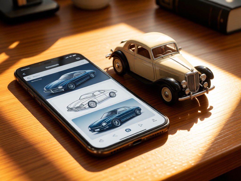 A smartphone displaying a car design portfolio next to a miniature vintage model car on a wooden desk. Sunlight creates warm highlights on both surfaces. No people.