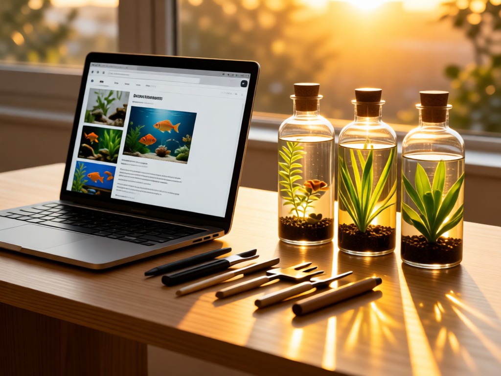 A minimalist desk with an open laptop showing fish care content beside aquatic plant trimmings in glass vials. Golden hour light creates warm reflections. Focused on tools and natural elements. No people.