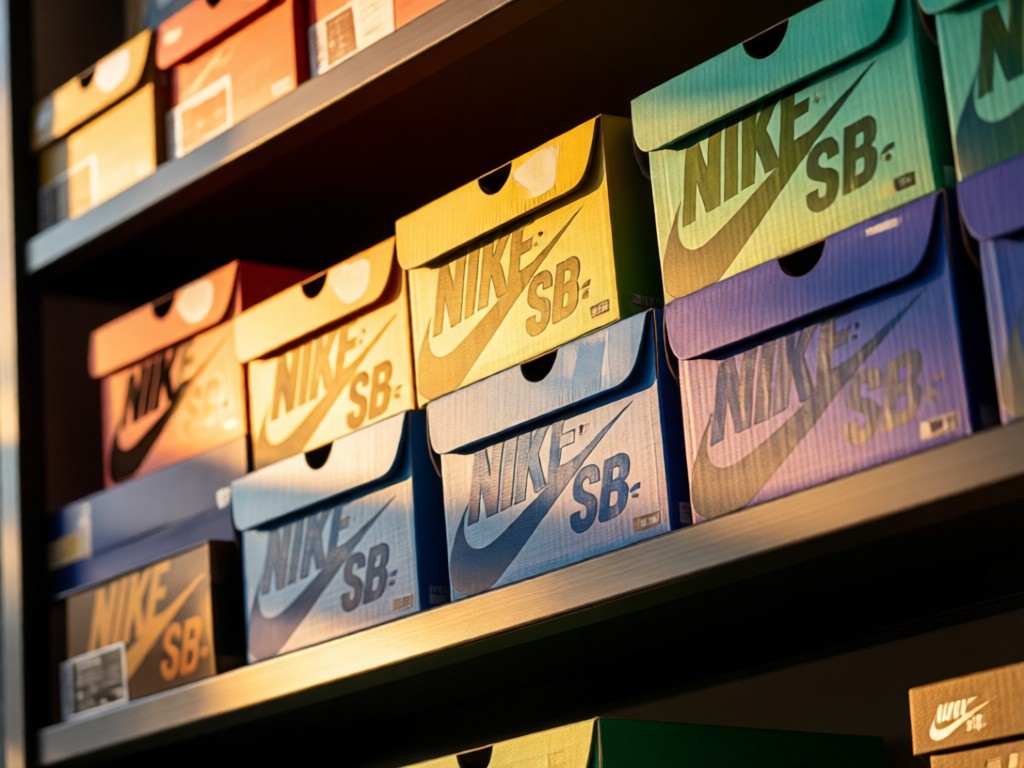 An angled shot of a shelf displaying collectible Nike SB boxes in gradient colors. Soft shadows create depth as golden hour light hits the textured box surfaces. No people.