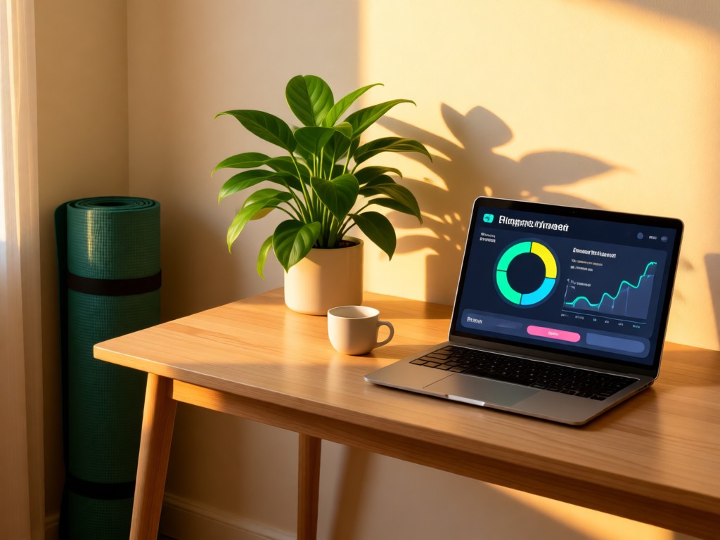A minimalist desk with wellness items: green plant, yoga mat corner, and open laptop showing a progress tracker. Golden hour backlighting. Calm and professional atmosphere. No people.
