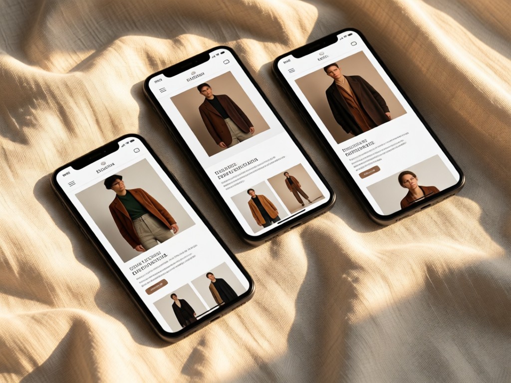 Three angled smartphones displaying different views of a clothing portfolio site. Soft afternoon light highlights the screens on a linen cloth. No people.