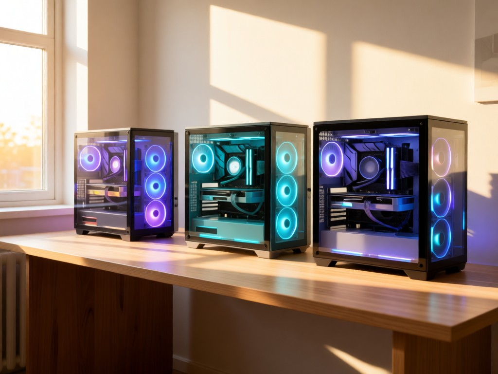 A minimalist desk setup featuring three custom PC builds with distinct color schemes under glass cases. Soft LED glow illuminates dust-free interiors. Morning light streams through nearby windows. No people.