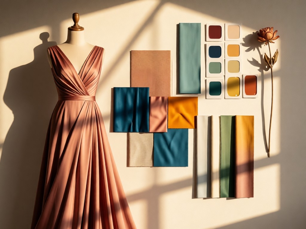 An elegant dress form draped with a color-coordinated mood board featuring fabric samples, paint chips, and a single dried flower. Warm afternoon light creates soft shadows. No people.