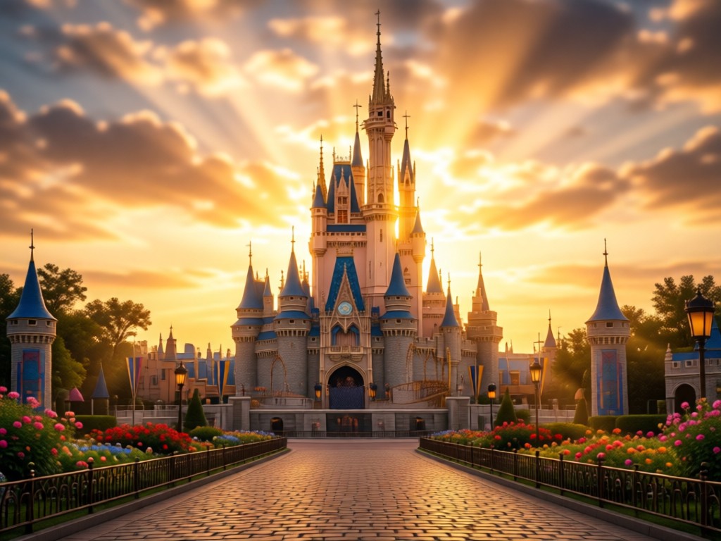 A wide shot of Cinderella Castle at golden hour with sun rays filtering through turrets. The path leading to it represents magical discovery. Warm tones with soft focus background.