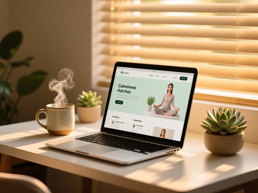 A minimalist desk during golden hour with laptop showing a calming wellness hub interface, ceramic mug with steam, succulents nearby, soft sunlight filtering through blinds, shallow depth of field, warm tones.