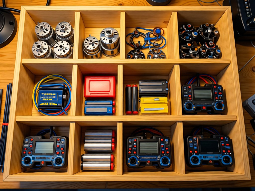 Overhead shot of organized RC parts bins: motors, batteries, and controllers. Warm workshop lighting. Clean layout with natural wood textures. No people.