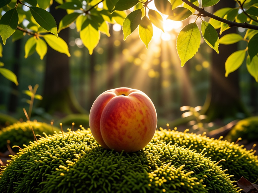 A single sun-ripened organic peach resting on a bed of moss in dappled forest light. Symbolizes purity and nature-to-table simplicity. Golden hour rays through canopy leaves. No people.
