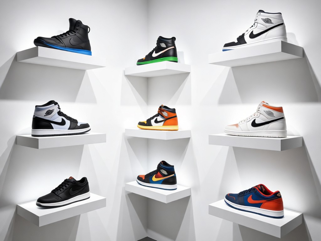 A curated display of Nike product prototypes on floating shelves. Clean white background with soft directional lighting. Each item perfectly spaced. No people.