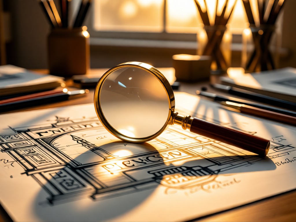 Magnifying glass resting on penney artwork sketches in a sunlit studio. Warm highlights on paper textures. Soft focus background with art supplies. Golden hour atmosphere. No people.