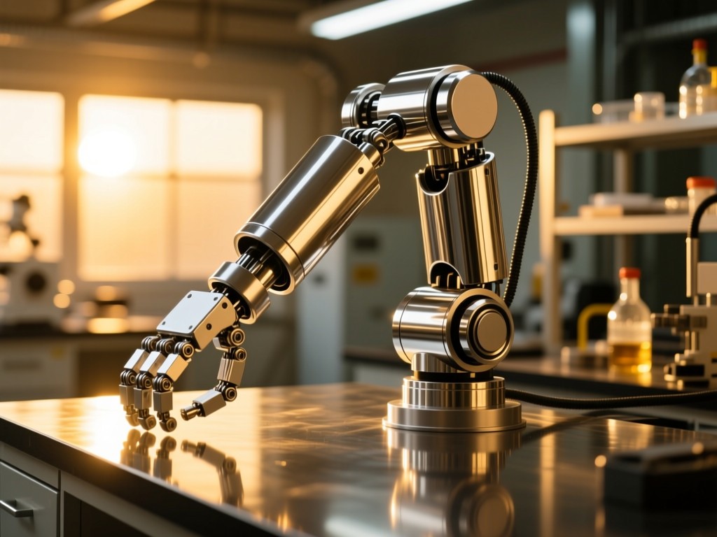 A polished aluminum robot arm on a lab bench during golden hour, its reflection visible on the surface, soft sunlight highlighting intricate joints, shallow depth of field, warm industrial aesthetic, no people.