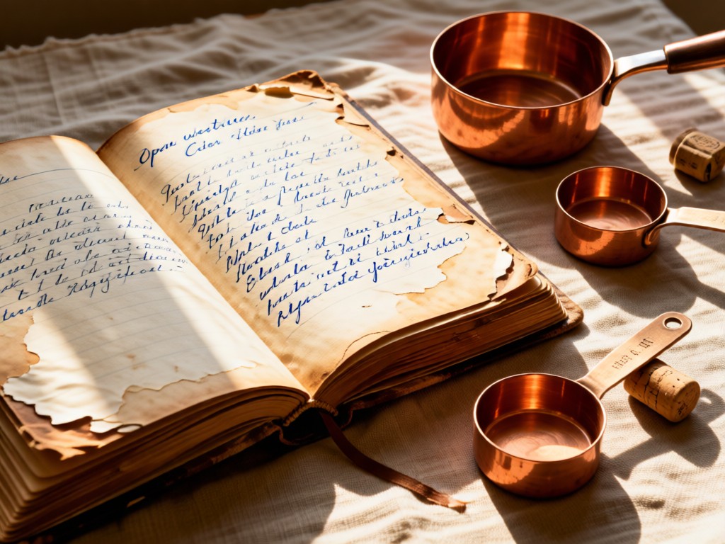 Open weathered cookbook with handwritten Portuguese recipes. Vintage copper measuring cups and cork stoppers nearby. Sunlight on textured linen. No people.