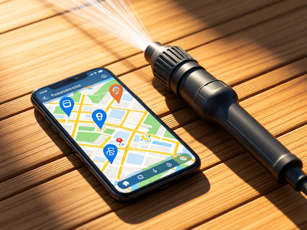 A smartphone showing an interactive map with service pins. Next to it, a clean pressure washer wand on a wooden surface. Warm afternoon light. No people.