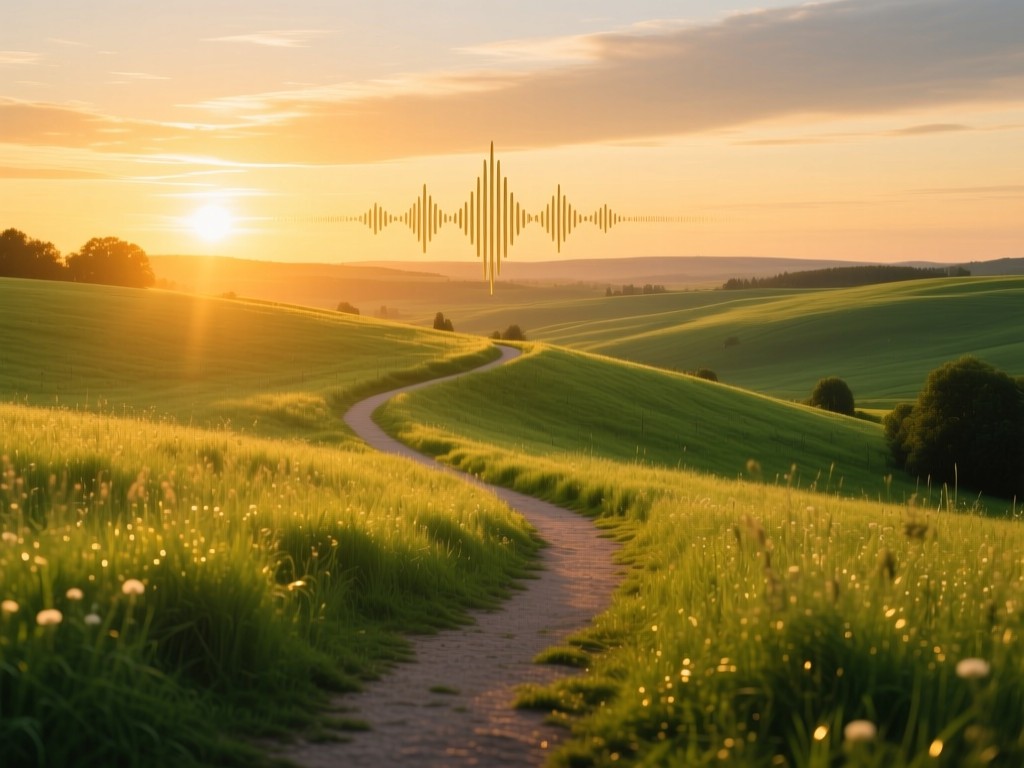 A winding path through sunlit meadow at sunset, leading to distant audio waves symbolizing discovery, golden lighting, vibrant greens, expansive sky, no people.