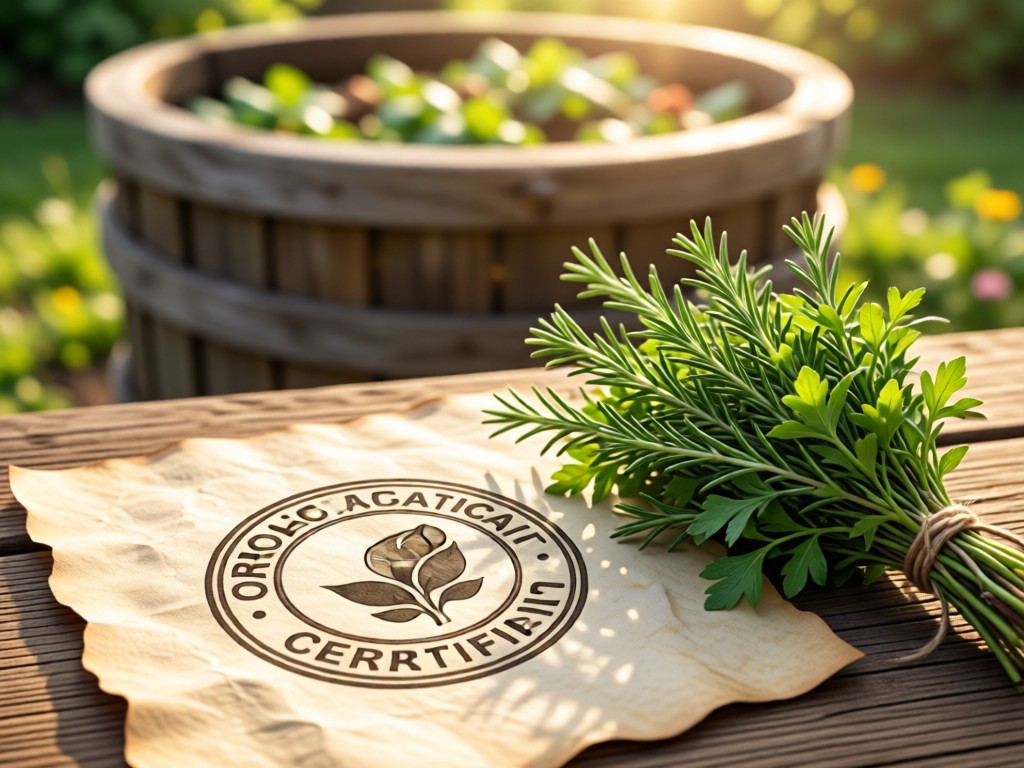 Close-up of an organic certification seal on parchment, next to a bundle of fresh herbs. Soft focus on a sunlit compost bin in background. Natural textures only.