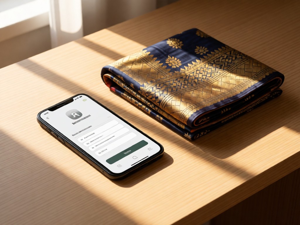 A minimalist desk setup with a smartphone displaying a clean contact form beside a folded Banarasi saree. Morning light creates soft shadows. No people.