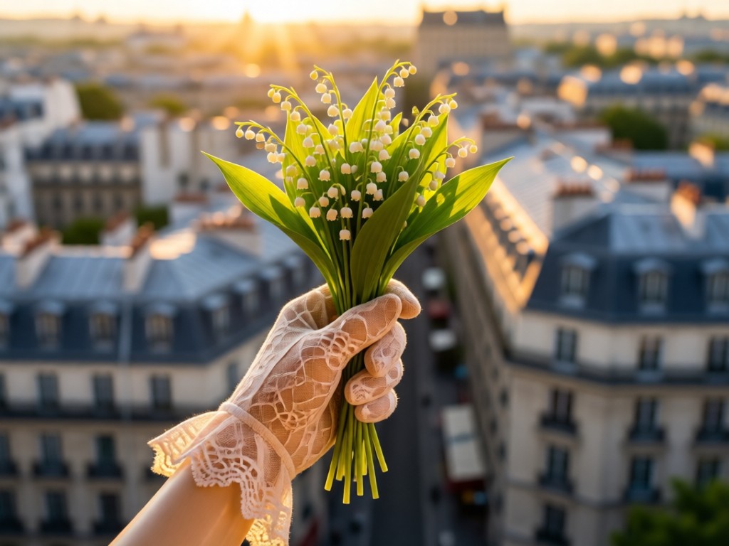 An aerial view of a single Mannequin hand wearing a delicate lace glove, holding fresh lily-of-the-valley sprigs. Soft focus background shows Parisian rooftops. Golden hour lighting. No people.