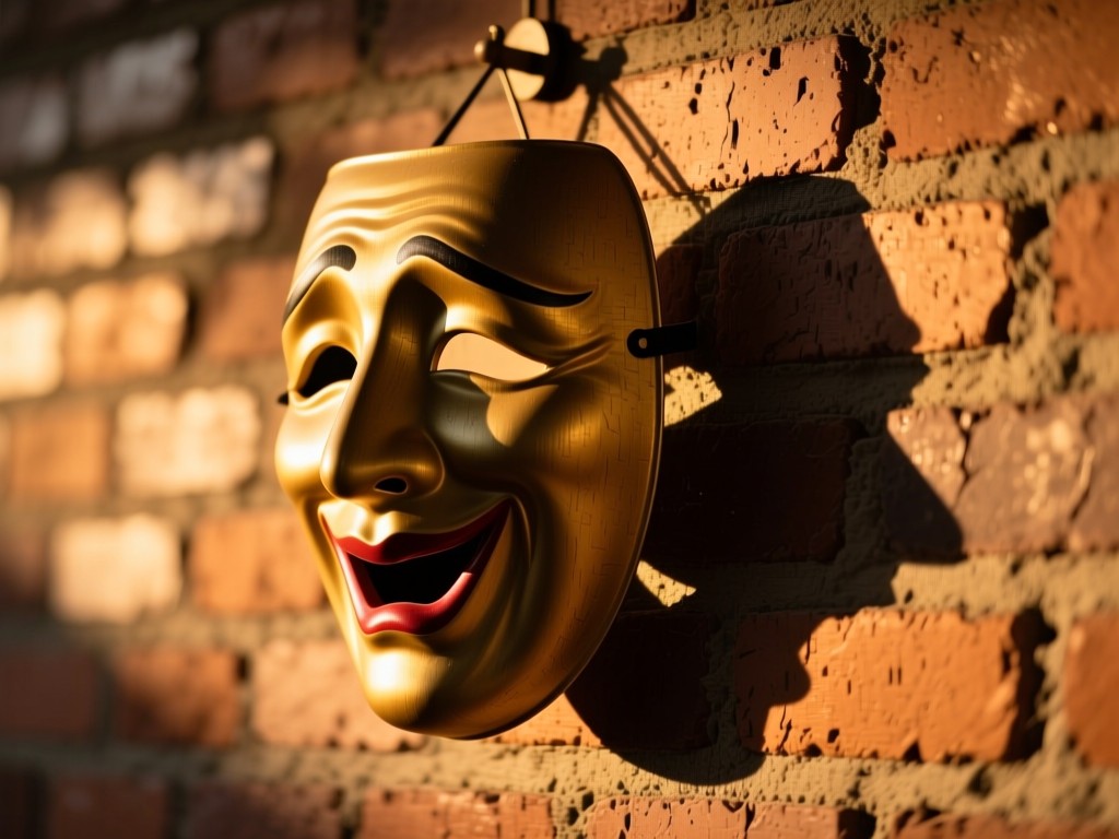 A classic comedy/tragedy mask hanging on a brick wall during golden hour, warm sunlight creating dramatic shadows, textured surface, minimalist composition, symbolizing dual aspects of comedy.