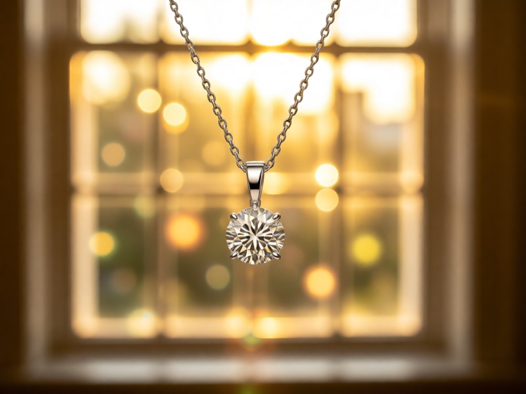 A single diamond solitaire necklace suspended in mid-air against a sunlit window. Shallow depth of field creates bokeh highlights. Symbolizes focus and value. Warm golden atmosphere. No people.