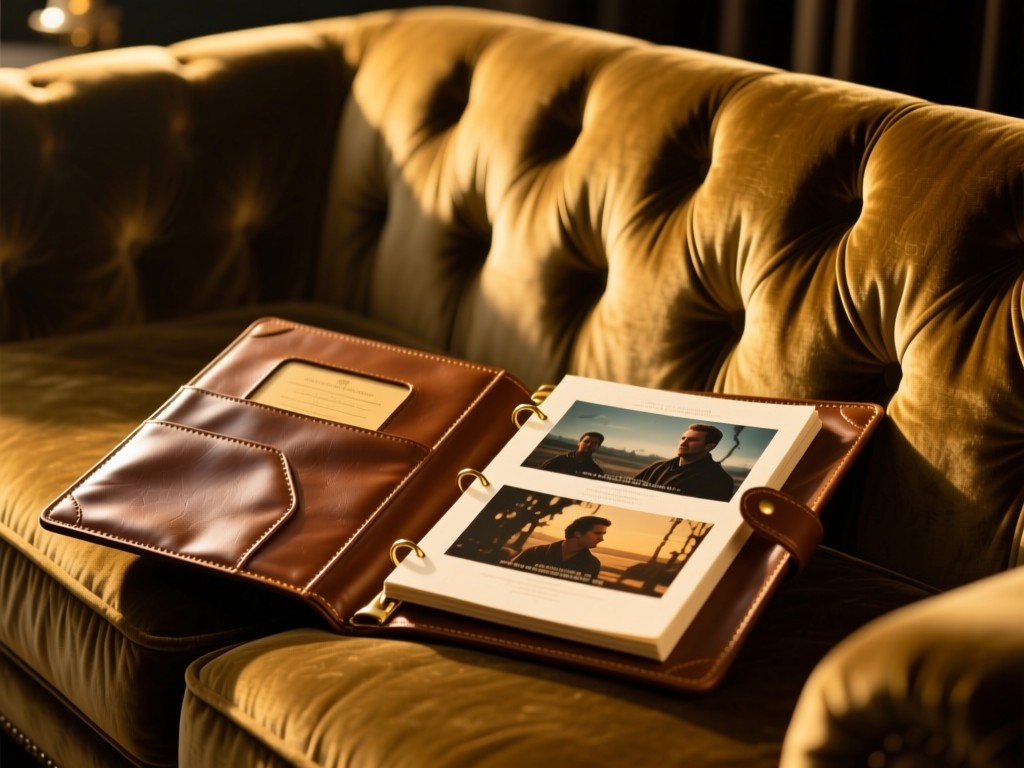 An elegant leather portfolio open on a velvet couch, displaying high-resolution movie stills bathed in warm studio lighting, shallow focus, golden hour ambiance.