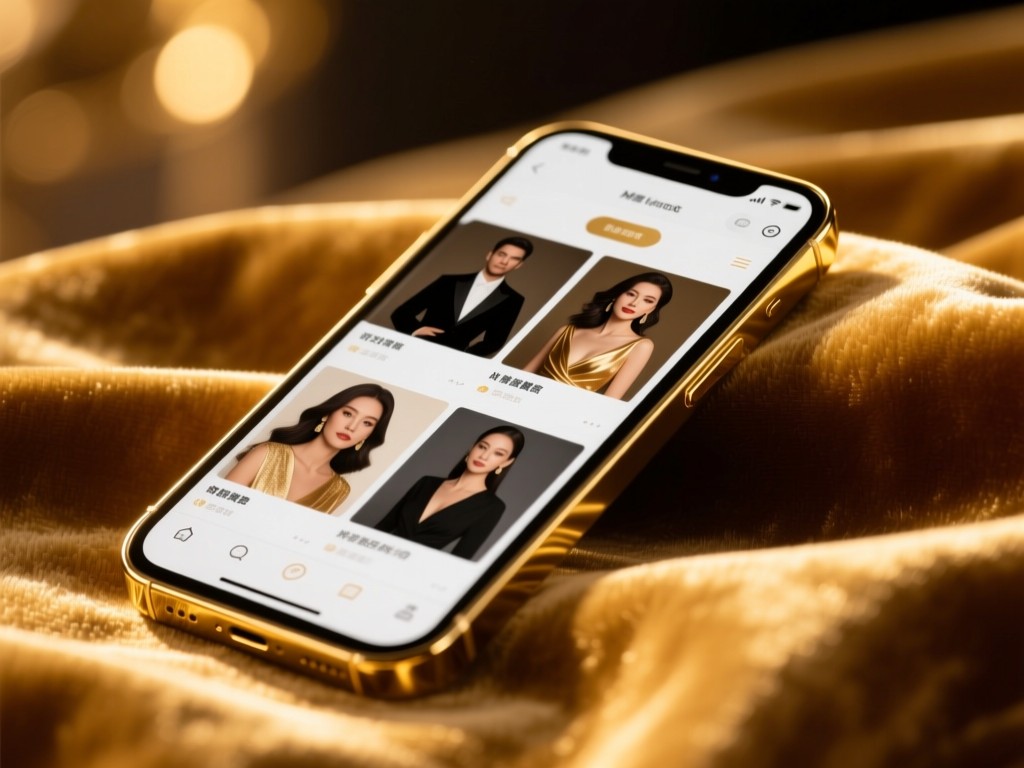 Gold-plated smartphone on velvet during golden hour, screen showing elegant celebrity portfolio layout, shallow depth of field, cinematic lighting, luxury aesthetic.