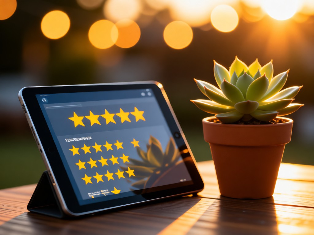 A close-up of a tablet displaying five-star reviews beside a thriving potted succulent. Warm bokeh lights blur in the background. Golden hour lighting. No people.