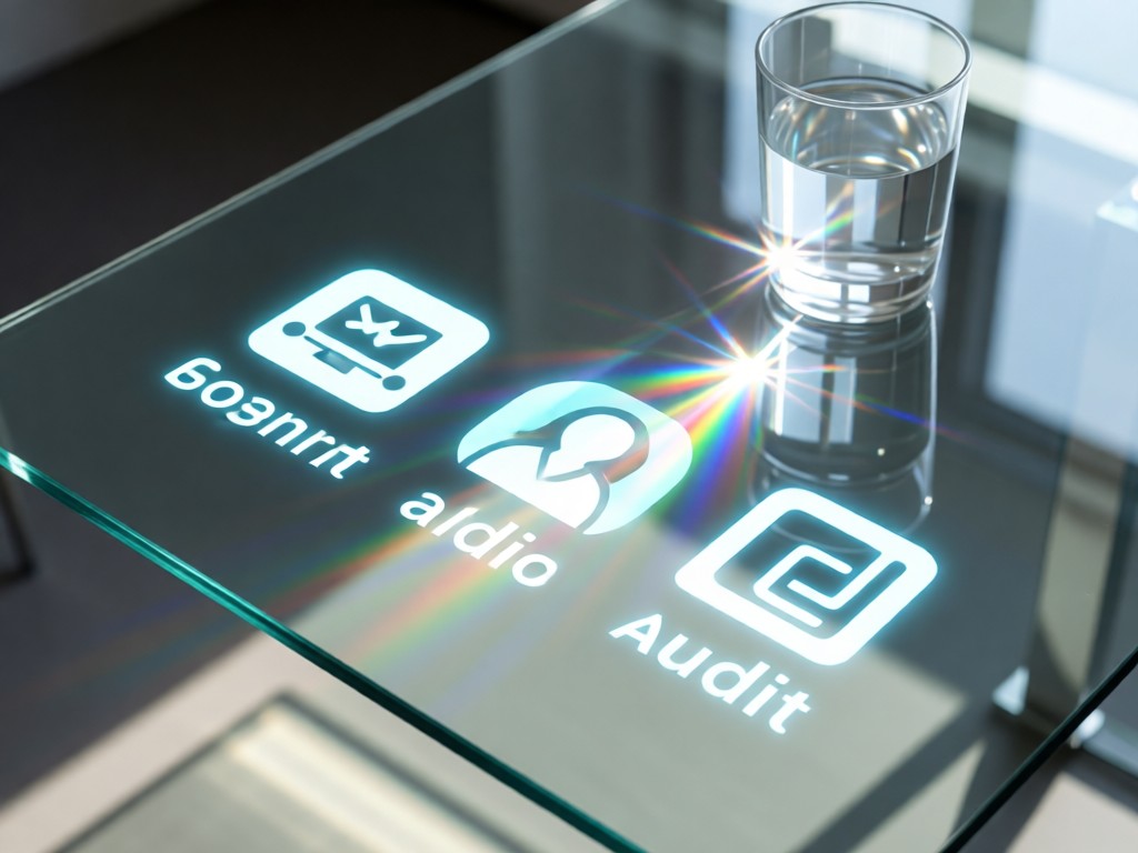 An angled view of a glass table with service icons (corporate, individual, audit) projected onto its surface. Sunlight creates prism effects through a water glass. Minimalist and tech-savvy. No people.