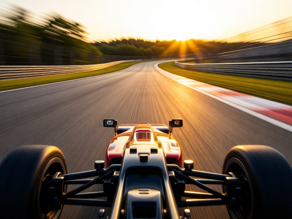 GoPro-style POV shot of an RC car speeding on a track. Motion-blurred background emphasizes speed. Golden hour lighting. No people.