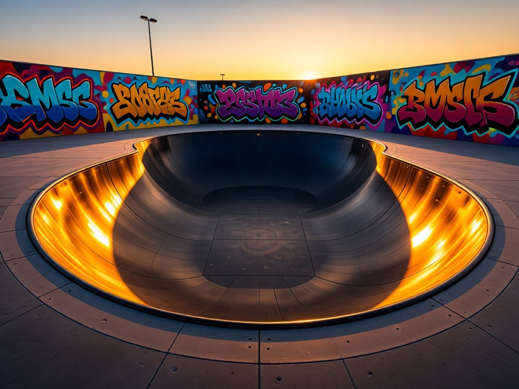 An empty skatepark bowl at dusk with colorful graffiti walls. Golden light reflects on smooth concrete curves. No people.