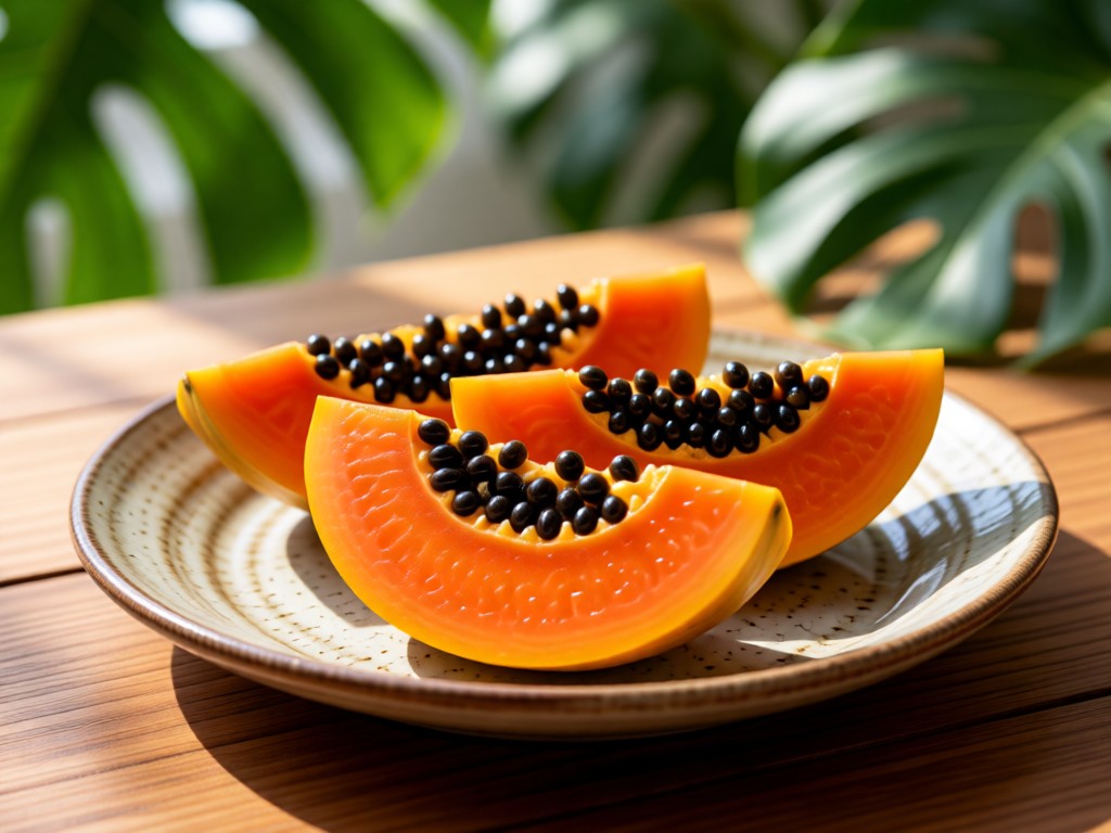 Close-up of ripe papaya slices on a ceramic plate. Natural light highlights the orange flesh and black seeds. Wooden surface with tropical leaves in soft focus. No people.