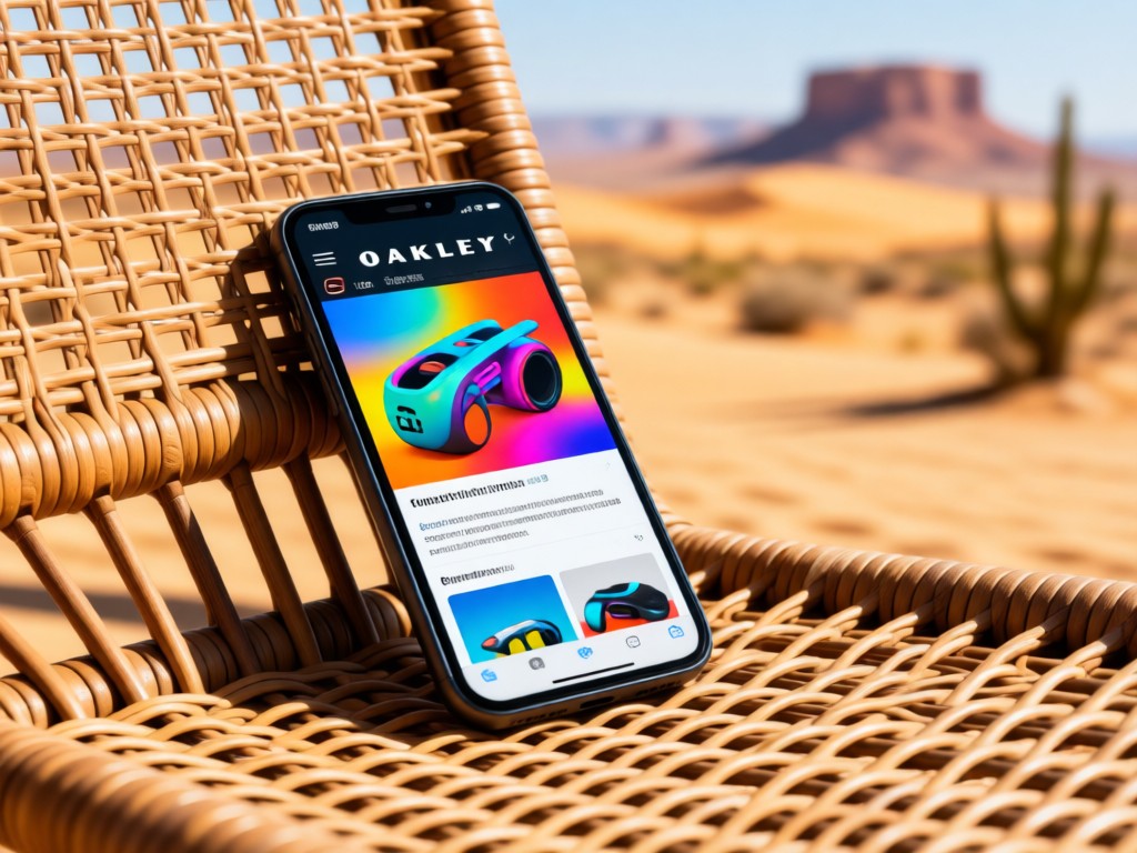 A smartphone displaying an Oakley product page on a woven rattan chair. Natural light illuminates the screen's vibrant colors. Desert landscape blurred in distance. No people.