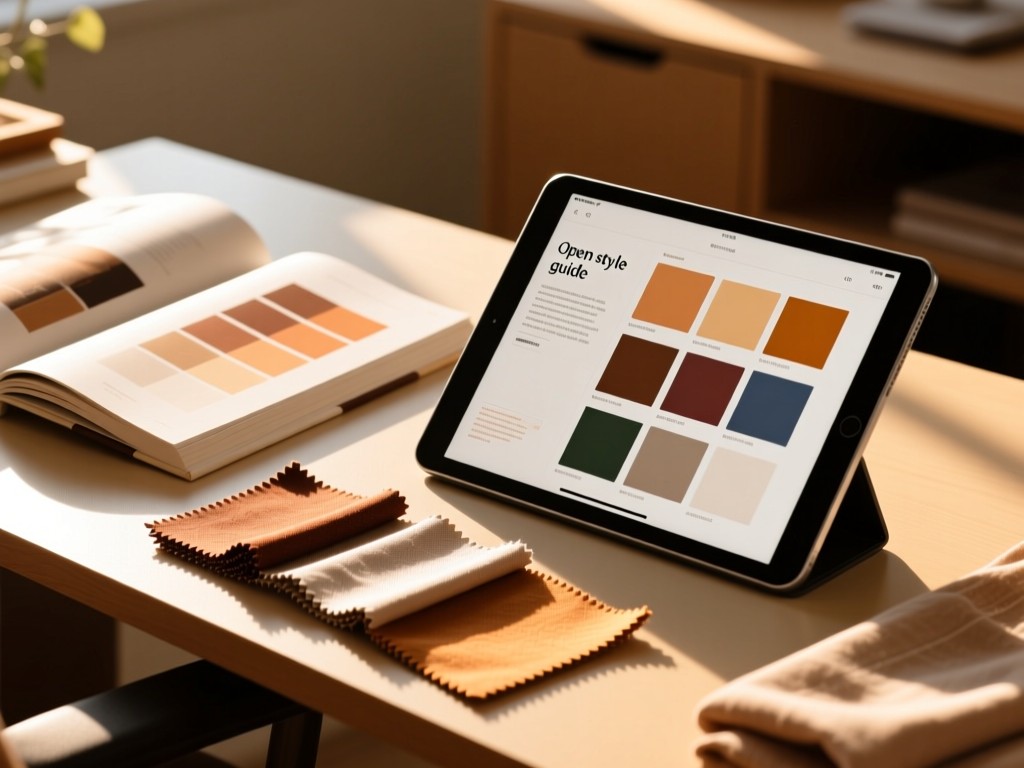 Open style guide book beside a tablet showing color palettes. Sunlight illuminates fabric swatches on a desk. Warm, cohesive branding vibe. No people.