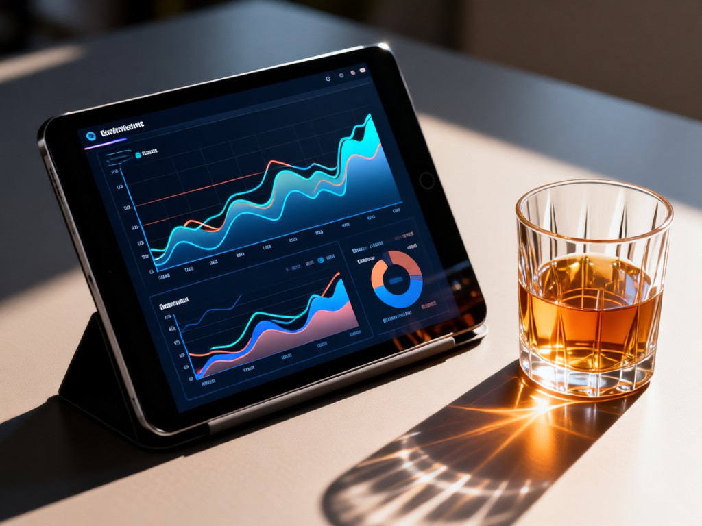 Sleek dashboard on a tablet showing premium analytics graphs. Beside it, a crystal tumbler half-filled with amber liquid catches sunlight. No people.