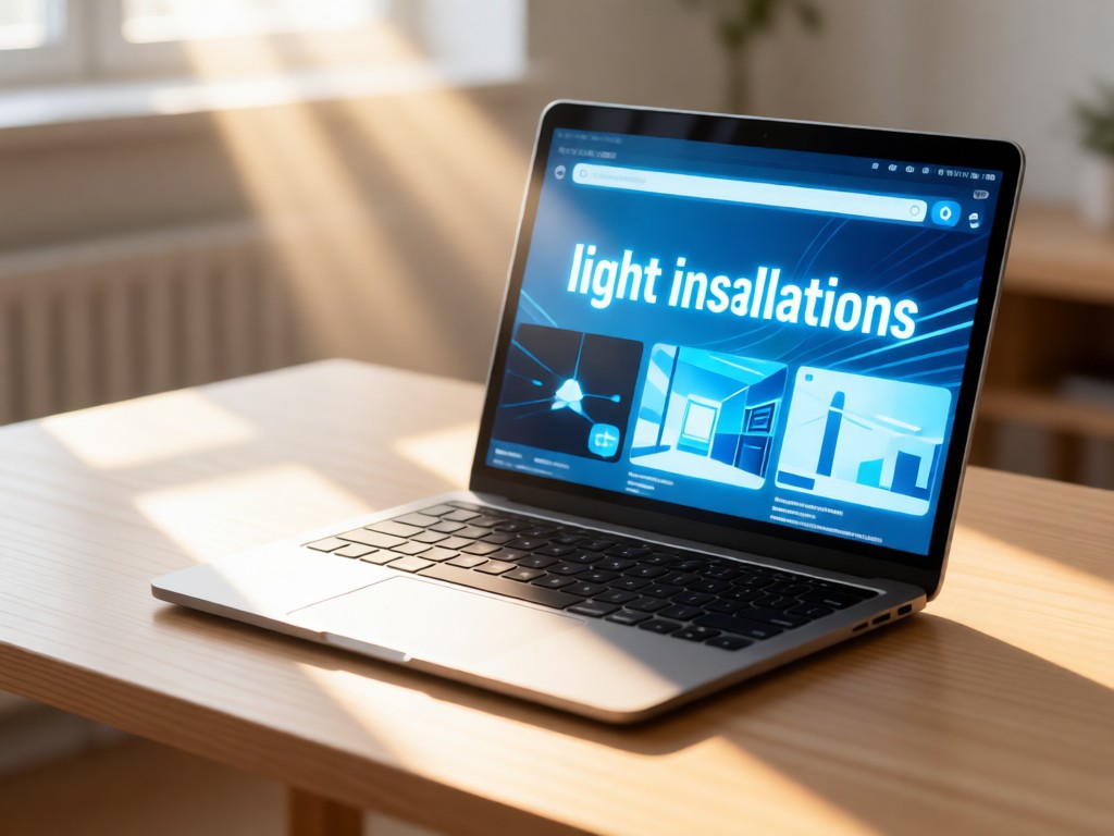 A minimalist desk with a laptop showing bright search results for 'light installations'. Sunbeam hits the keyboard. Soft focus background. No people.
