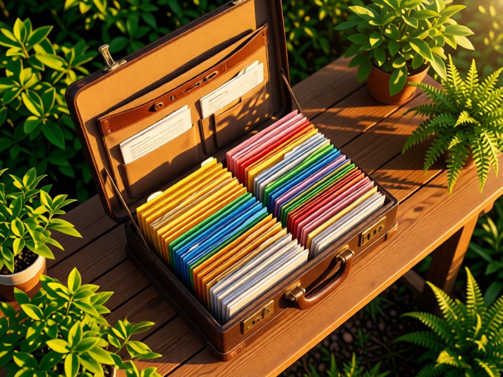 Aerial view of a vintage briefcase opened to reveal neatly organized tax documents. Golden hour light highlights color-coded folders. Surrounded by fresh greenery on wooden surface.